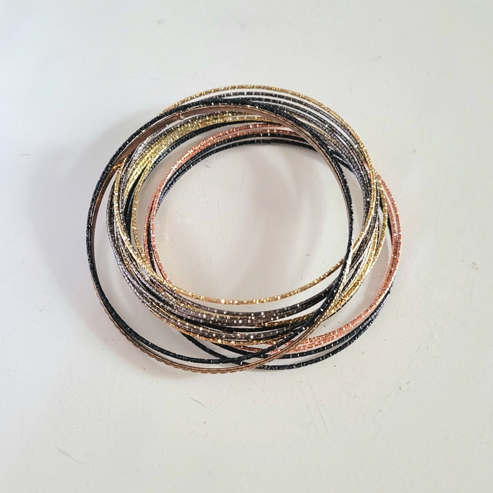Thin Metallic Bangle Bracelet Stack Set Gold Rose Gold Black Gunmetal Metallic